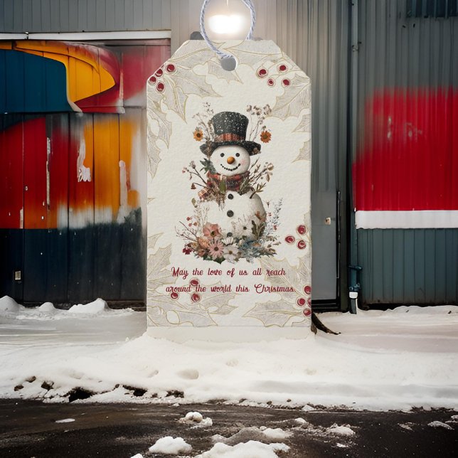 Etiqueta Para Presente Artístico Aquarela Snowman Beige Floral (Criador carregado)