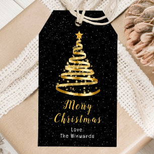 Etiqueta Para Presente Árvore de Fita Dourada e Negra Feliz Natal