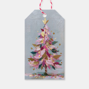 Etiqueta Para Presente Árvore de Natal Abstrata em Rosa e Dourado com Imp