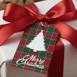 Etiqueta Para Presente Árvore de Natal Alegre Tartan Vermelho e Verde Par