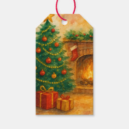 Etiqueta Para Presente Árvore de Natal aquarela & Lareira Aconchegante Na