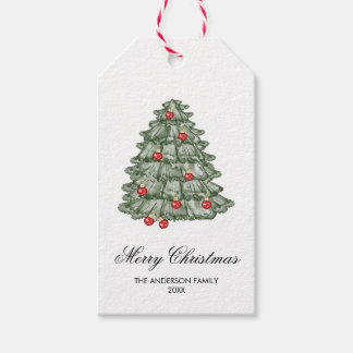 Etiqueta Para Presente Árvore de Natal Boho vermelha e verde em aquarela