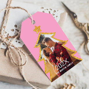 Etiqueta Para Presente Árvore de Natal Brilhante Rosa Foto Personalizada