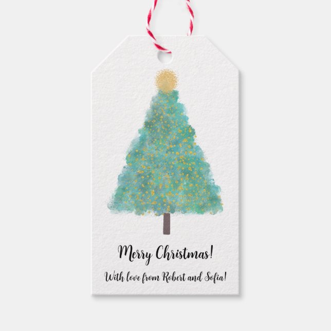 Etiqueta Para Presente Árvore de natal brilhante verde (Frente)