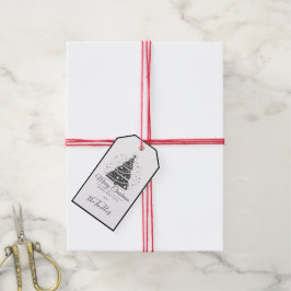 Etiqueta Para Presente Árvore de Natal Chic Elegante Preto Branco Script
