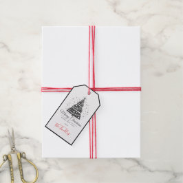 Etiqueta Para Presente Árvore de Natal Chic Elegante Preto Branco Script