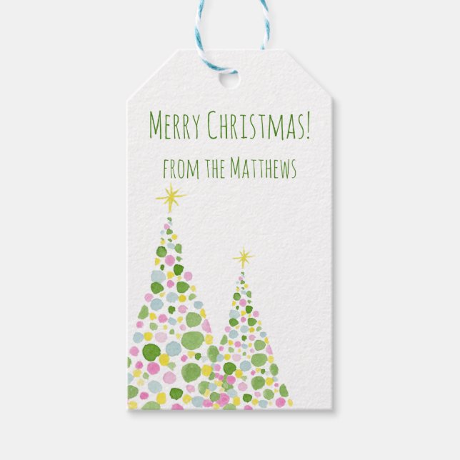 Etiqueta Para Presente Árvore de Natal de Aquarela bolinhas (Frente)