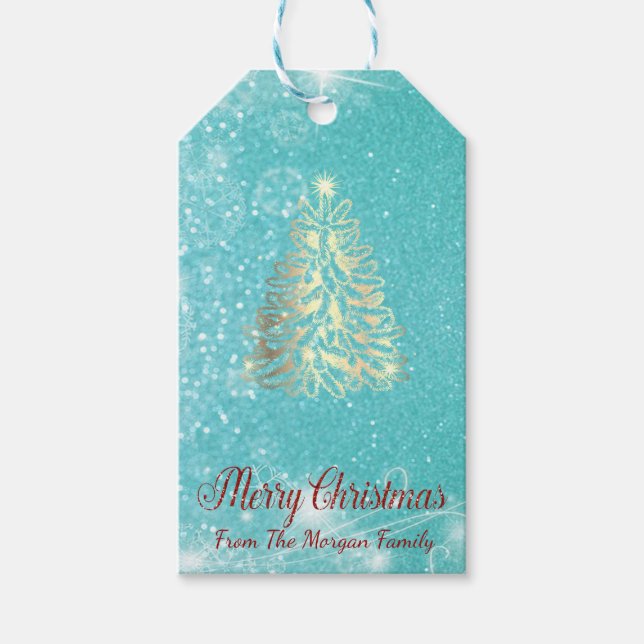 Etiqueta Para Presente Árvore de Natal Dourada, Brilhante - Personalizada (Frente)