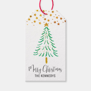 Etiqueta Para Presente Árvore de Natal Dourada com Aquarela Estrelas Merr