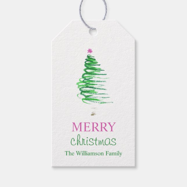 Etiqueta Para Presente Árvore de Natal em Aquarela Moderna (Frente)
