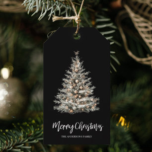 Etiqueta Para Presente Árvore de Natal em Aquarela Preta Elegante