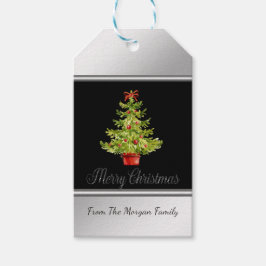 Etiqueta Para Presente Árvore de Natal em Aquarela, Preto, Prata