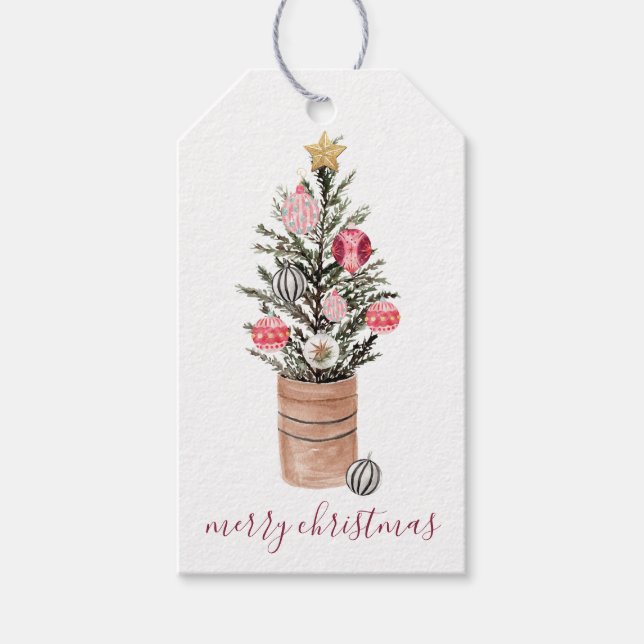 Etiqueta Para Presente Árvore de Natal em Aquarela Rústica (Frente)