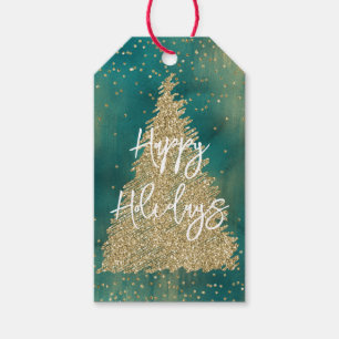 Etiqueta Para Presente Árvore de Natal Glitter Dourado Verde Teal