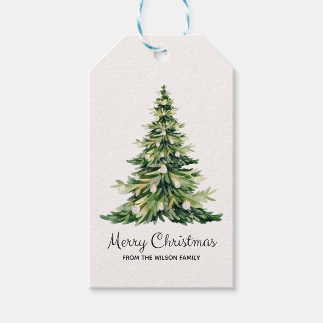 Etiqueta Para Presente Árvore de Natal Mínima de Aquarela (Frente)