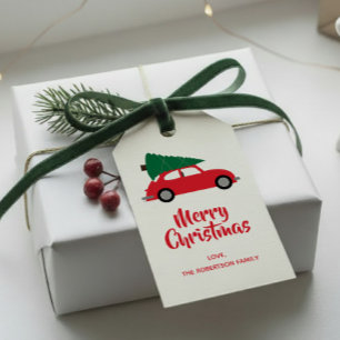 Etiqueta Para Presente Árvore de Natal moderna do meio século & carro