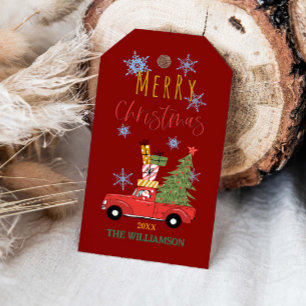 Etiqueta Para Presente Árvore de Natal no Caminhão Vermelho no Natal