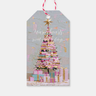 Etiqueta Para Presente Árvore de Natal Rosa e Dourada Impasto