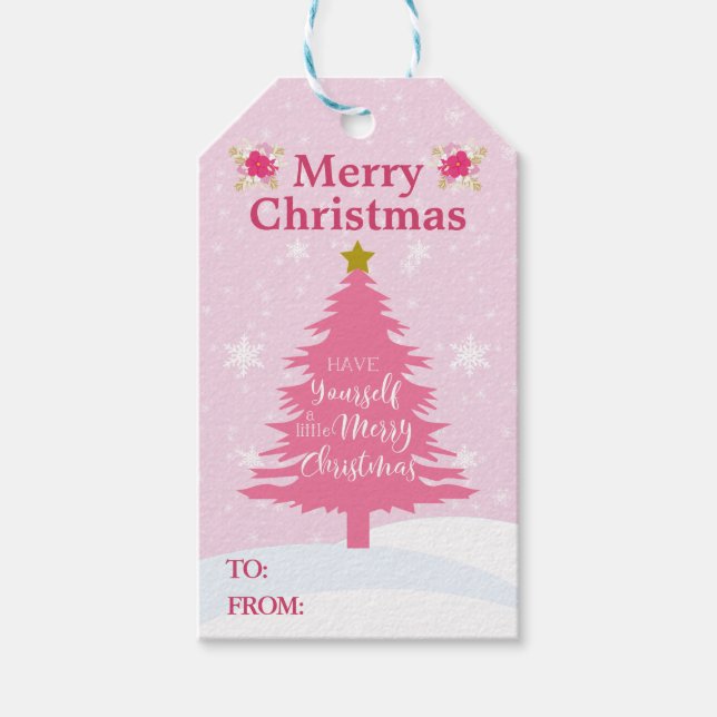 Etiqueta Para Presente Árvore de Natal Rosa Festiva (Frente)