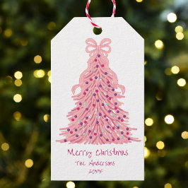Etiqueta Para Presente Árvore de Natal Rosa Laço Rosa