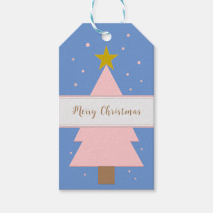 Etiqueta Para Presente Árvore de Natal Rosa Solo Personalizada, Ouro Star