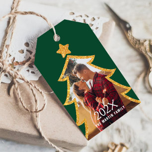 Etiqueta Para Presente Árvore de Natal Verde Brilhante Foto Personalizada