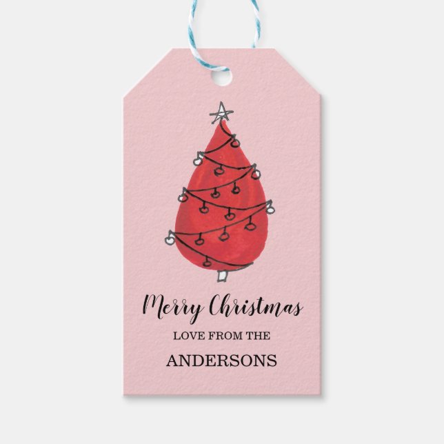 Etiqueta Para Presente Árvore de Natal Vermelha com Aquarela (Frente)
