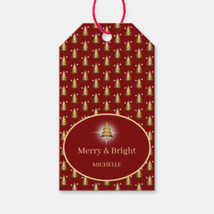 Etiqueta Para Presente Árvore de Natal Vermelha com Brilho Dourado Modern