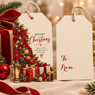 Etiqueta Para Presente Árvore de Natal Vermelha Dourada Elegante Saudação