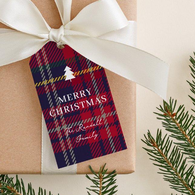 Etiqueta Para Presente Árvore de Natal Xadrez Moderna  (Rustic red plaid christmas tree gift tags.)