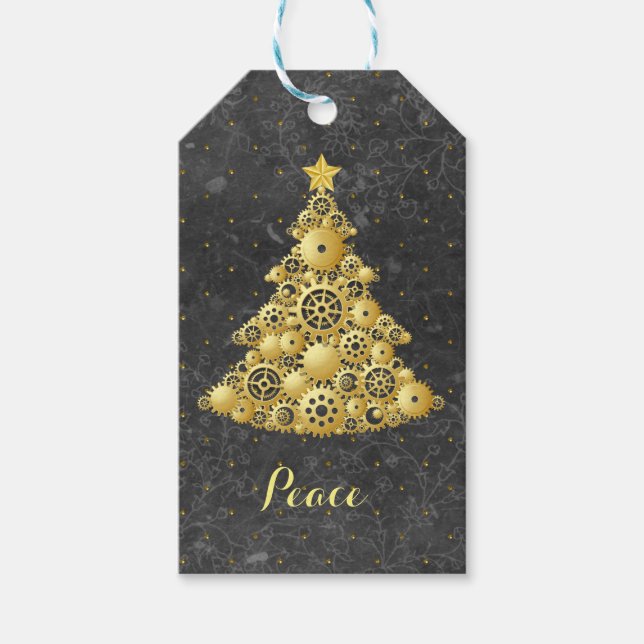 Etiqueta Para Presente Árvore Dourada de Natal Steampunk Gears (Frente)