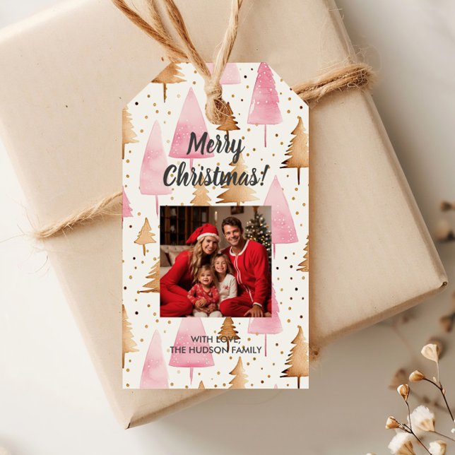 Etiqueta Para Presente Árvore Rosa Dourada Feliz de Natal (Criador carregado)