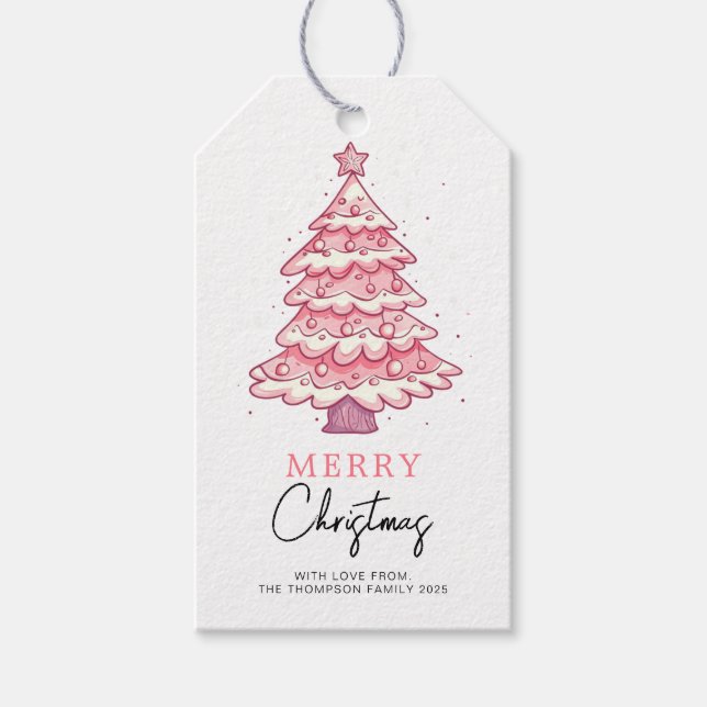 Etiqueta Para Presente Árvore Rosa Feliz Natal Feriado (Frente)