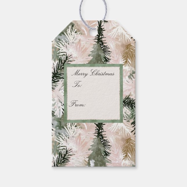 Etiqueta Para Presente Árvores de Natal Verdes Rosa Chic (Frente)