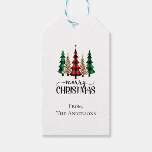 Etiqueta Para Presente Árvores de Natal Xadrez Vermelho Verde e Preto