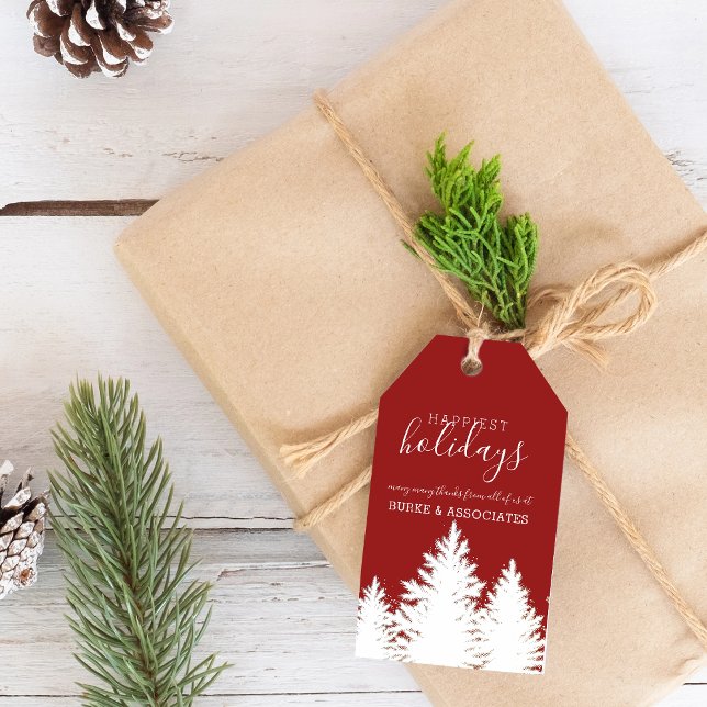 Etiqueta Para Presente Árvores Silhueta de Inverno Férias Personalizadas  (Winter Silhouette Trees Holiday Personalized Red Gift Tags)