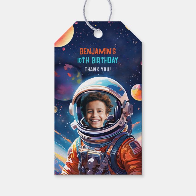 Etiqueta Para Presente Astronaut Deep Space Sky Planets Photo Birthday (Frente)
