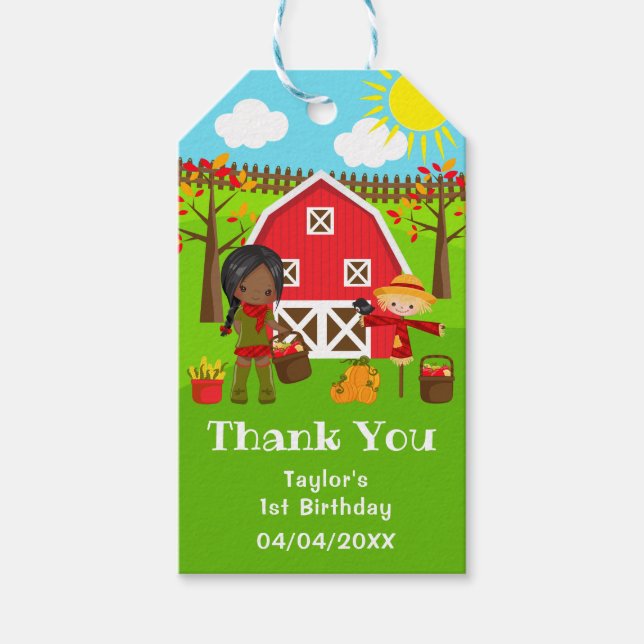 Etiqueta Para Presente Autumn Barnyard Birthday Dark Skin Girl Obrigado (Frente)