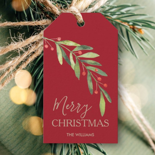 Etiqueta Para Presente Azevinho e Frutas Vermelhas Feliz Natal (Greenery branch and berries Merry Christmas red gift/favor tags personalized with your names)
