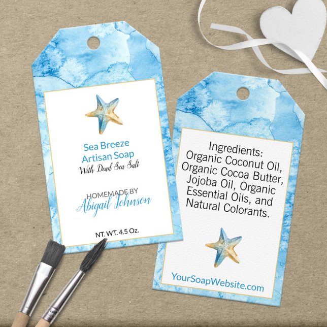 Etiqueta Para Presente 🌊 Azul Aquarela Tema Praia Sabão (🌊 Blue Watercolor Beach Theme Soap Starfish Gift Tags
)