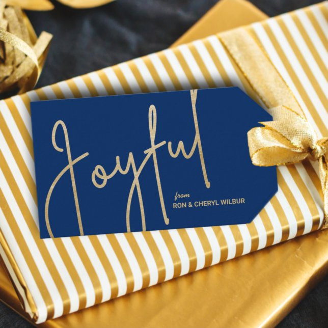 Etiqueta Para Presente Azul azul-folha Dourado JOYFUL (Gold JOYFUL text in fancy script on blue Christmas gift/favor tags personalized with your names)