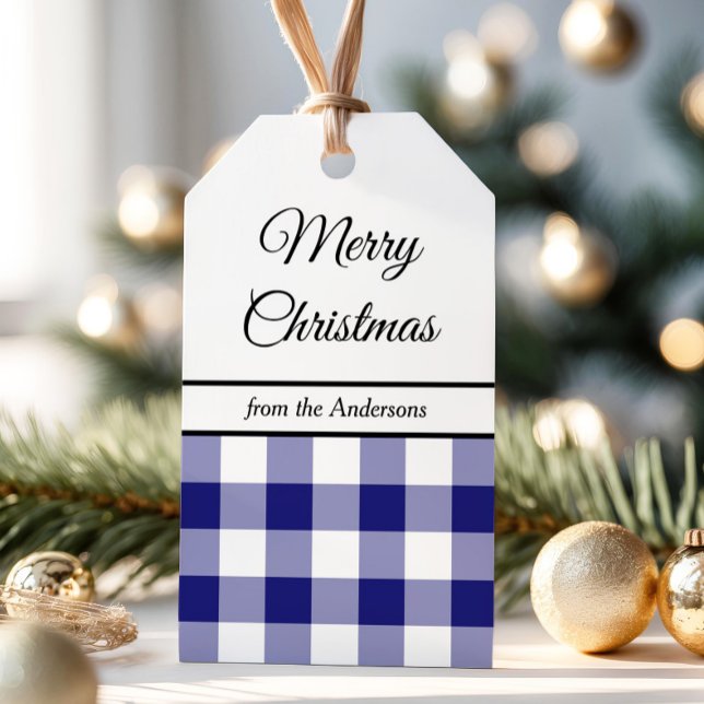 Etiqueta Para Presente Azul Clássico Xadrez Feliz Natal (Classic Blue Plaid Merry Christmas Gift Tags)