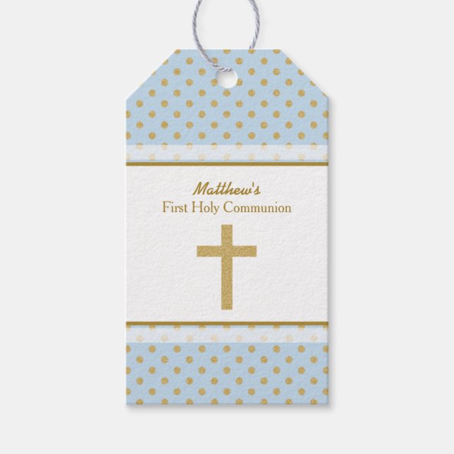Etiqueta Para Presente Azul de comunhão com Bolinhas Douradas (Frente)