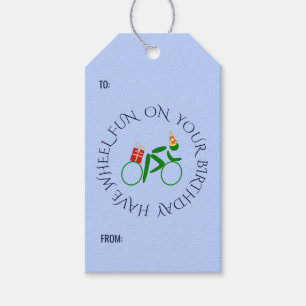 Etiqueta Para Presente Azul de texto personalizado do ciclista de anivers