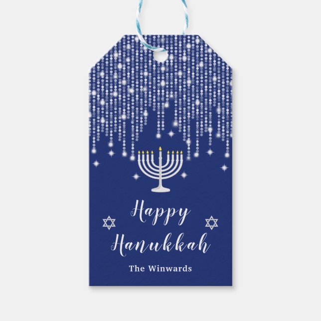 Etiqueta Para Presente Azul e Silver String Luzes Felizes Hanukkah (Frente)