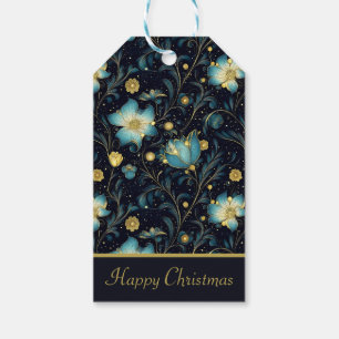 Etiqueta Para Presente Azul Elegante e Dourado Floral Personalizado Natal