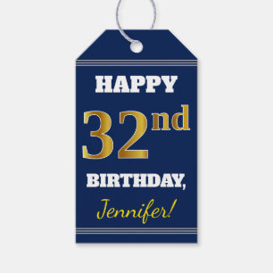 Etiqueta Para Presente Azul, Falso Dourado Aniversário de 32 Anos + Nome