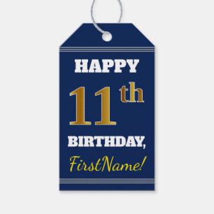 Etiqueta Para Presente Azul, Faux Dourado 11 Aniversário + Nome Personal
