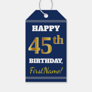 Etiqueta Para Presente Azul, Faux Dourado 45.º Aniversário + Nome Perso