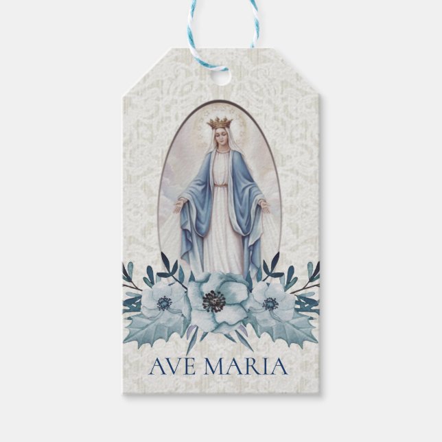 Etiqueta Para Presente Azul Floral Abençoado Mãe Católica Religiosa (Frente)